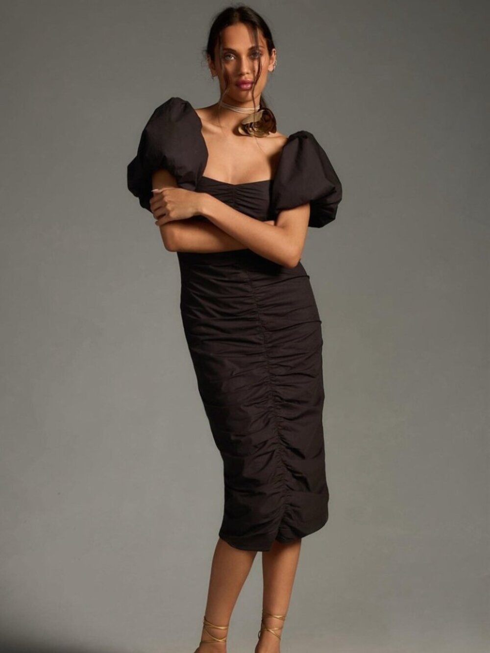 RHODE Tessa Puff-Sleeve Ruched Dress Size 2